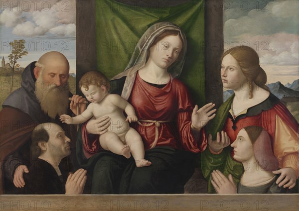 Virgin and Child with Saints and Donors, c. 1515. Giovanni Battista Cima da Conegliano (Italian, ca. 1459-1518), and Workshop. Oil on wood; framed: 103 x 125 x 16 cm (40 9/16 x 49 3/16 x 6 5/16 in.); unframed: 56 x 78.8 cm (22 1/16 x 31 in.).