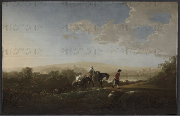 Travelers in Hilly Countryside, c. 1650. Aelbert Cuyp (Dutch, 1620-1691). Oil on wood; framed: 70.8 x 96.6 x 9 cm (27 7/8 x 38 1/16 x 3 9/16 in.); unframed: 48 x 74.5 cm (18 7/8 x 29 5/16 in.).