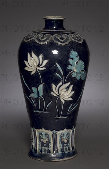 Prunus Vase (Meiping) with Blossoming Lotus: Fahua Ware, late 15th Century. China, Jiangxi province, Jingdezhen kilns, Ming dynasty (1368-1644). Porcelain with polychrome glazes; diameter: 19 cm (7 1/2 in.); overall: 37.5 cm (14 3/4 in.).