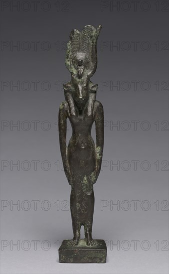 Statuette of Hathor, 664-30 BC. Egypt, Late Period, Dynasty 26 or later. Bronze, solid cast; overall: 18.8 x 3.4 x 4.4 cm (7 3/8 x 1 5/16 x 1 3/4 in.).