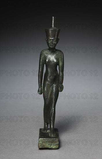 Statuette of Neith, 305-30 BC. Egypt, Greco-Roman Period, probably Ptolemaic Dynasty. Bronze, solid cast; overall: 18 x 3.5 x 6.5 cm (7 1/16 x 1 3/8 x 2 9/16 in.).