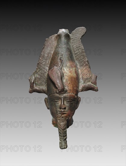 Head of Osiris and Statuette, 664-525 BC. Egypt, Late Period, Dynasty 26 or later. Bronze; overall: 20.1 x 9.2 x 13.2 cm (7 15/16 x 3 5/8 x 5 3/16 in.); head: 11 x 7.7 x 4.6 cm (4 5/16 x 3 1/16 x 1 13/16 in.).
