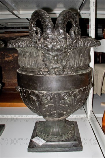 Urn with Satyr Heads, 1700s. France, 18th century. Bronze; overall: 80.6 x 67 x 55.9 cm (31 3/4 x 26 3/8 x 22 in.).