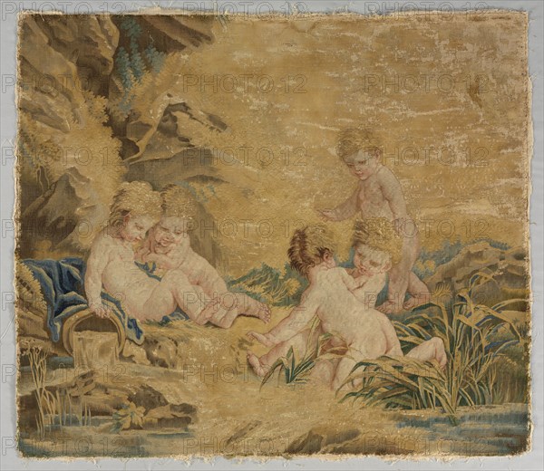 Children Playing: The Bath, 1700s. Workshop of Charron (French), after a design by François Boucher (French, 1703-1770). Tapestry weave: silk and wool; overall: 101 x 114.3 cm (39 3/4 x 45 in.)