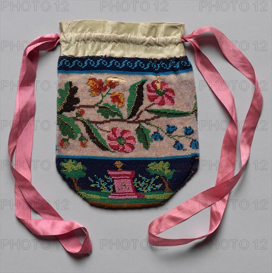 Beaded Bag (floral motif), 19th century. America, 19th century. Silksatin, glass beads, pink ribbon strap; average: 18.1 x 14 cm (7 1/8 x 5 1/2 in.)