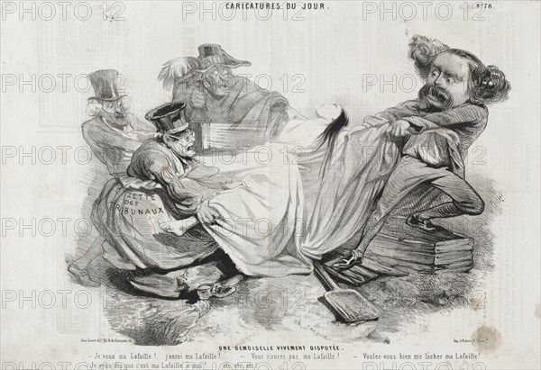 Caricature du Jour:  No. 78, Un Demoisellevivement diisputée. Charles-Émile Jacque (French, 1813-1894). Lithograph