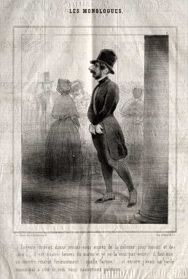 Les Monologues:  Eugénie m'avait donné rendez-vous auprès de la colonne pour minuit et demie.... Charles Joseph Traviès de Villers (French, 1804-1859). Lithograph
