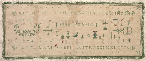 Sampler, 1775. Italy, 18th century. Embroidery; silk on linen; overall: 21 x 51.8 cm (8 1/4 x 20 3/8 in.)