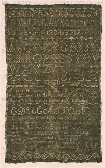 Sampler, 1808. America, 19th century. Embroidery, silk on homespun; average: 46.1 x 27.3 cm (18 1/8 x 10 3/4 in.)