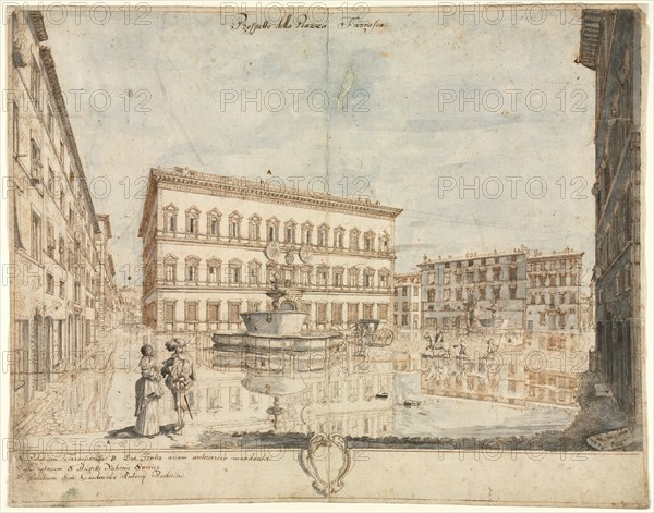 Eighteen Views of Rome: The Piazza Farnese (recto), 1664. Lievin Cruyl (Flemish, c. 1640-c. 1720). Pen and brown ink and brush and gray and blue wash over graphite; squared in graphite (two figures in the foreground); framing lines in brown ink; sheet: 38.7 x 49 cm (15 1/4 x 19 5/16 in.).