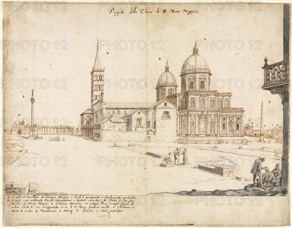 Eighteen Views of Rome: The Basilica of Santa Maria Maggiore, 1664. Lievin Cruyl (Flemish, c. 1640-c. 1720). Pen and brown ink and brush and gray wash over stylus and graphite; framing lines in brown ink; sheet: 38.4 x 49.4 cm (15 1/8 x 19 7/16 in.).
