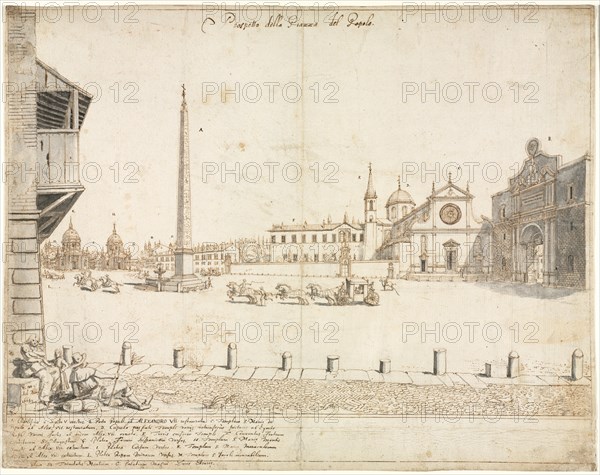 Eighteen Views of Rome: The Piazza del Popolo (recto), 1664. Lievin Cruyl (Flemish, c. 1640-c. 1720). Pen and brown ink and brush and gray wash over stylus and graphite; framing lines in brown ink; sheet: 38.9 x 49.6 cm (15 5/16 x 19 1/2 in.).