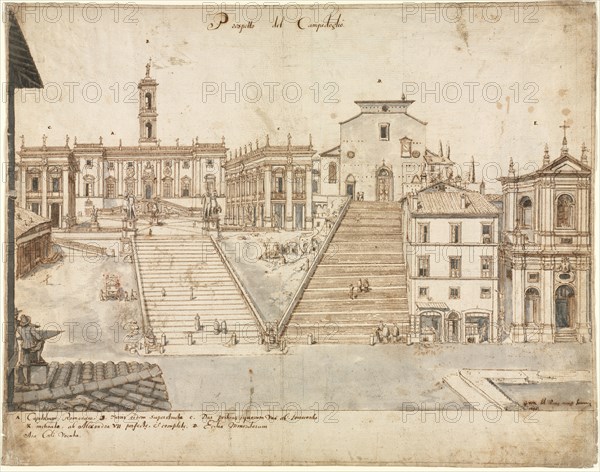 Eighteen Views of Rome: The Campidoglio, 1665. Lievin Cruyl (Flemish, c. 1640-c. 1720). Pen and brown ink and brush and gray wash over graphite; framing lines in brown ink; sheet: 38.6 x 49.5 cm (15 3/16 x 19 1/2 in.).