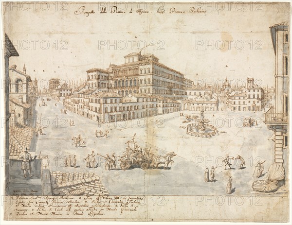 Eighteen Views of Rome: The Piazza Barberini (recto); Tracing of a Fountain from Recto and Sketches of Two Faces (verso), 1665. Lievin Cruyl (Flemish, c. 1640-c. 1720). Pen and brown ink and brush and gray wash with graphite; framing lines in brown ink and graphite (along bottom edge); sketch unrelated to main composition in graphite (upper right); sheet: 38.3 x 49.7 cm (15 1/16 x 19 9/16 in.).