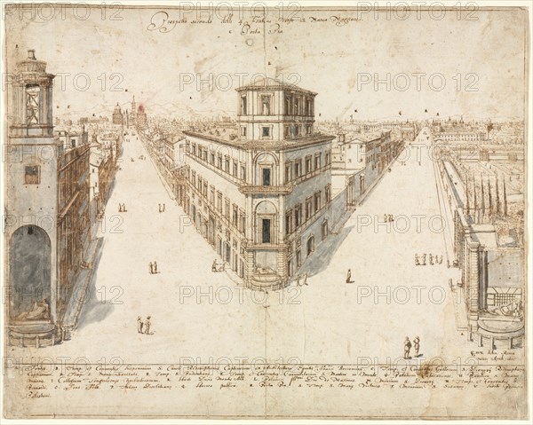 Eighteen Views of Rome: The Quattro Fontane Looking Toward Santa Maria Maggiore, 1665. Lievin Cruyl (Flemish, c. 1640-c. 1720). Pen and brown ink and brush and gray wash over graphite; framing lines in brown ink; sheet: 38.6 x 48.7 cm (15 3/16 x 19 3/16 in.); framed: 61.7 x 76.8 x 2.6 cm (24 5/16 x 30 1/4 x 1 in.).