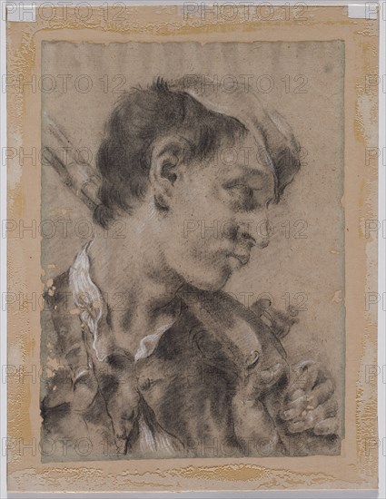 Head of a Young Man in Profile with a Gun over His Shoulder, c. 1730/40s. Giovanni Battista Piazzetta (Italian, 1682-1754). Black chalk with stumping, heightened with white chalk; sheet: 37.7 x 27.1 cm (14 13/16 x 10 11/16 in.); secondary support: 43.4 x 33.3 cm (17 1/16 x 13 1/8 in.).