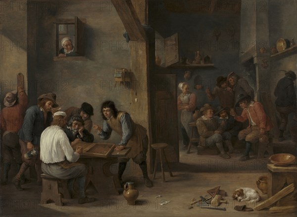 Game of Backgammon, 1640s. David Teniers (Flemish, 1610-1690). Oil on wood, transferred to canvas; framed: 82 x 102 x 9 cm (32 5/16 x 40 3/16 x 3 9/16 in.); unframed: 59 x 80.6 cm (23 1/4 x 31 3/4 in.).