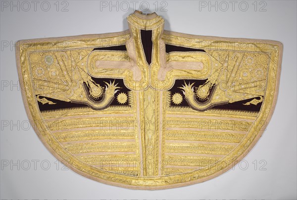 Gold-Thread Embroidered Garment for a Woman, late 1800s. Prizrend, Serbia, or Scutari, Albani, late 19th century. Silk, velvet; gold- and silver-thread: bands, cords, couched embroidery; overall: 117 x 170.2 cm (46 1/16 x 67 in.).