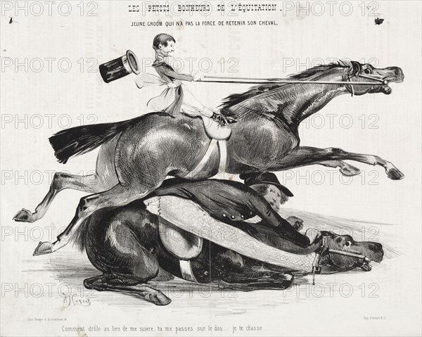 Les petits bonheurs de l'équitation:  Jeune Groom qui n'a pas la force de retenir son cheval, 1842. Alade Joseph Lorentz (French, 1813-after 1858). Lithograph