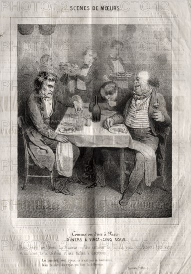 Scènes de moeurs:  Comme ou dine à Paris.  Diners a vingt-cing sous. Trois plates au choix du traiteur.... Charles Joseph Traviès de Villers (French, 1804-1859). Lithograph