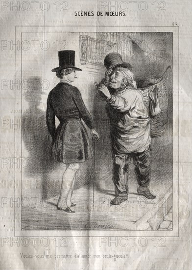 Scènes de Moeurs:  Voulez-vous me permettre d'allumer mon brule-gueule?. Charles Joseph Traviès de Villers (French, 1804-1859). Lithograph
