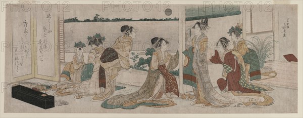 Tsukasa and Other Courtesans of the Ogiya Watching the Autumn Moon Rise Over Rice Fields from a Balcony in the Yoshiwara, 1799. Katsushika Hokusai (Japanese, 1760-1849). Surimono; color woodblock print; sheet: 56.6 x 21 cm (22 5/16 x 8 1/4 in.).