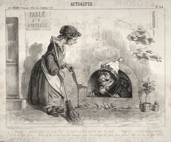 Actualités:  Venez! ...sortez d'la! ... c'est fini!  on n'entend plus parler que de paix!.... Clémente Pruche (French, 1831-1870). Lithograph