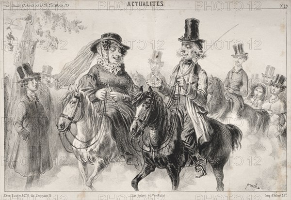 Actualités:  Dis donc Madame Miroton il paraitrait que c'est nous qui donnons le ton à Longchamps cette année...., 1841. Clémente Pruche (French, 1831-1870). Lithograph