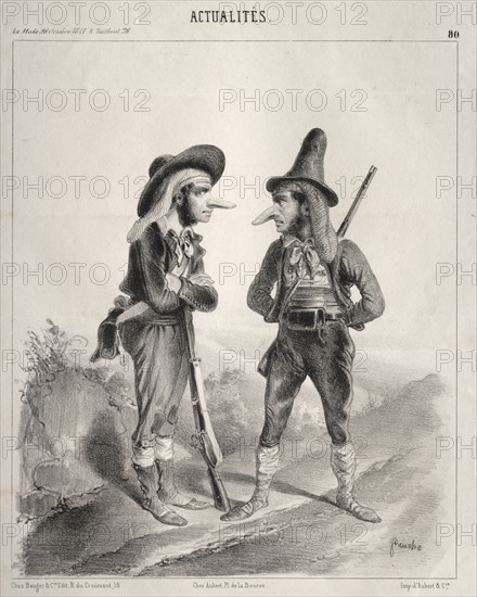 Actualités:  Insurgez-vous donc! ...hien! voilà qui va devenir gentil! pourvu qu'on ne nous donne par sur les castagnettes!! ... avec notre pied de nez!!!, 1841. Clémente Pruche (French, 1831-1870). Lithograph