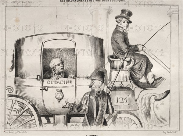 Actualités:  Les Inconvénients des voitures publique:  L'Urbaine, 1839. Clémente Pruche (French, 1831-1870). Lithograph