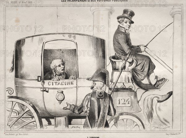 Actualités: Les Inconvénients des voitures publique: L'Urbaine, 1839. Clémente Pruche (French, 1831-1870). Lithograph