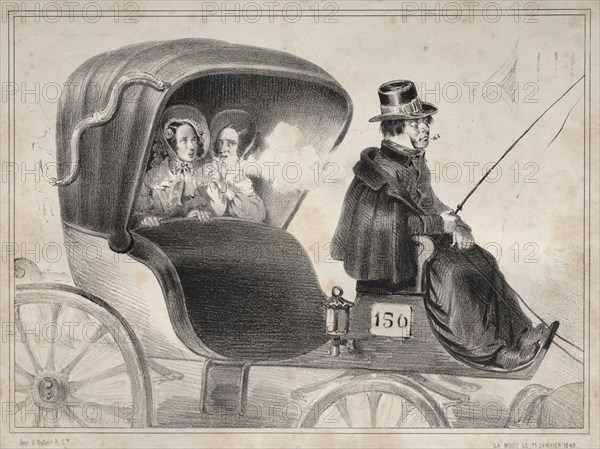 Actualités:  Les Inconvénients des voitures publique:  Le cocher de..., 1839. Clémente Pruche (French, 1831-1870). Lithograph; image: 6.5 x 21.9 cm (2 9/16 x 8 5/8 in.); secondary support: 7 x 22.5 cm (2 3/4 x 8 7/8 in.)