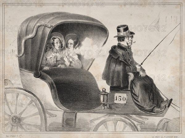 Actualités: Les Inconvénients des voitures publique: Le cocher de..., 1839. Clémente Pruche (French, 1831-1870). Lithograph; image: 6.5 x 21.9 cm (2 9/16 x 8 5/8 in.); secondary support: 7 x 22.5 cm (2 3/4 x 8 7/8 in.)