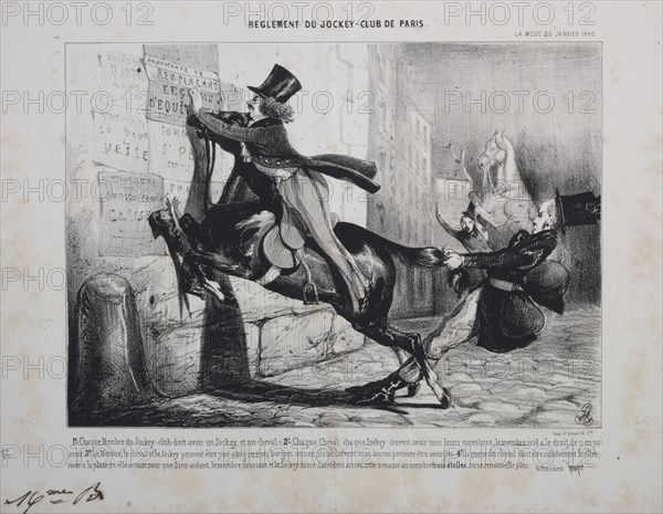 Réglement du Jockey Club de Paris:  Chaque membre du Jockey Club doit avoir un Jockey, et un cheval..., 1800s. France, 19th century. Lithograph