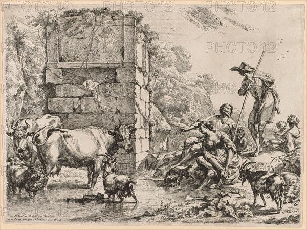The Watering Place. Nicolaes Berchem (Dutch, 1620-1683). Etching