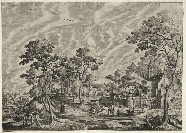 Landscapes with Village Scenes: Landscape with a Chateau at the right, 1630. After Hans Bol (Flemish, 1534-1593), Hieronymus Cock (Netherlandish, 1500-1570). Etching and engraving; sheet: 23.2 x 31.9 cm (9 1/8 x 12 9/16 in.)