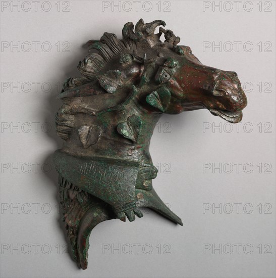 Mule-Head Attachment for a Couch, 100s BC. Greece, Hellenistic period, 2nd Century BC. Bronze; overall: 20.4 x 18.3 cm (8 1/16 x 7 3/16 in.); with base: 25.4 cm (10 in.).