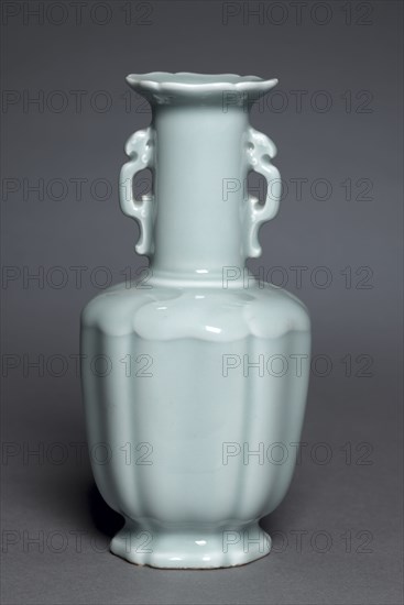 Vase with Dragon Handles, 1736-1795. China, Qing dynasty (1644-1912), Qianlong reign (1735-1795). Porcelain with celadon glaze; diameter: 19.7 cm (7 3/4 in.); overall: 3.2 cm (1 1/4 in.).