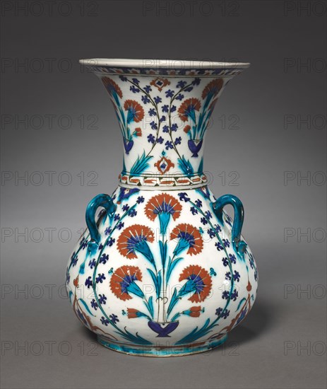 Mosque Lamp, 1585-1595. Turkey (Iznik), Ottoman Period, 16th Century. Fritware with underglaze-painted design; overall: 28.4 x 19.5 cm (11 3/16 x 7 11/16 in.); diameter of rim: 17 cm (6 11/16 in.).