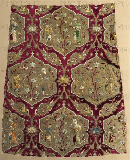 Brocaded velvet with falconer and attendant in animated lattice, from a robe, mid 1500s. Iran, Kashan, Safavid period. Velvet, brocaded and pile-warp substitution: silk and gilt-metal thread; overall: 79.4 x 66.7 cm (31 1/4 x 26 1/4 in.).