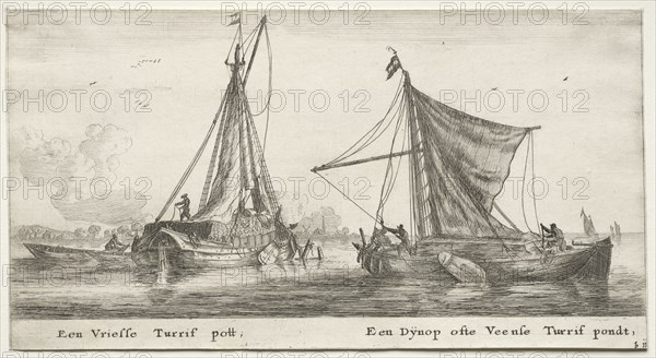 Ships of Amsterdam:  A Frisian Peat Barge.  The Dÿnop, near the Veensche Peat Pond. Reinier Nooms (Dutch, c. 1623-1667). Etching