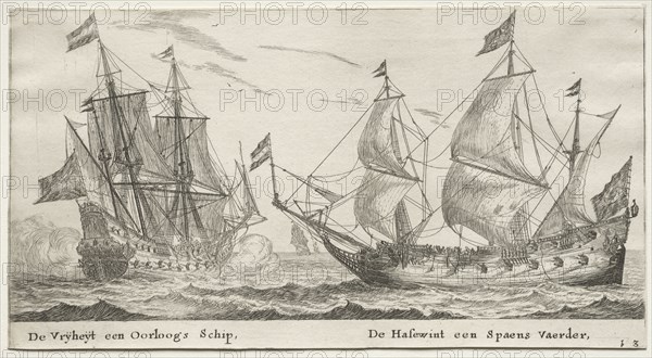 Ships of Amsterdam: The Freedom, a Man-of-War.  The Wolf Hound, a Spanish Vessel. Reinier Nooms (Dutch, c. 1623-1667). Etching
