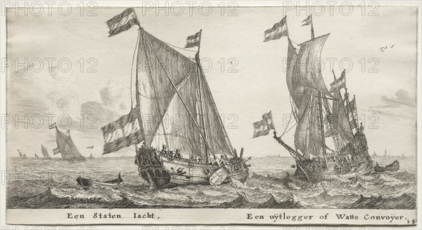 Ships of Amsterdam:  Dutch Admiralty Yacht.  A Guard Ship. Reinier Nooms (Dutch, c. 1623-1667). Etching