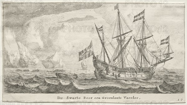 Ships of Amsterdam:  The Black Bear, a Greenland Whaler. Reinier Nooms (Dutch, c. 1623-1667). Etching