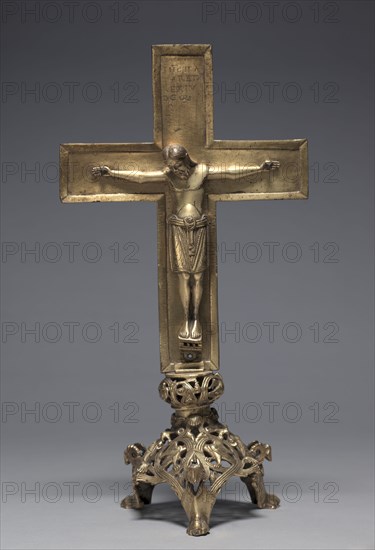 Altar Cross with Stand, 1140-1150. Germany, Lower Saxony, Hildesheim?, Romanesque period, 12th century. Bronze: cast, gilded, engraved, and chased; overall: 43.4 x 22.5 x 8 cm (17 1/16 x 8 7/8 x 3 1/8 in.).