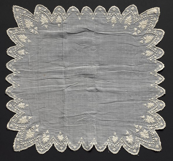 Handkerchief, 1800s. France, 19th century. Embroidery; cotton on linen; overall: 45.7 x 43.2 cm (18 x 17 in.).