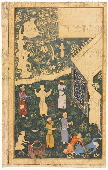 Musicians and Servants Outside a Royal Encampment, c. 1485. Style of Bihzad (Iranian, active 1470–1506). Opaque watercolor and gold on paper; image: 24.4 x 14.1 cm (9 5/8 x 5 9/16 in.); overall: 27 x 17.2 cm (10 5/8 x 6 3/4 in.).