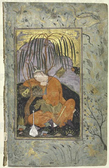 Sleeping Youth (verso), Illustration from a Single Page Manuscript, early 1600s. Style of Riza-yi Abbasi (Iranian). Opaque watercolor and gold on paper; image: 21 x 12.4 cm (8 1/4 x 4 7/8 in.); overall: 31.6 x 20.4 cm (12 7/16 x 8 1/16 in.).