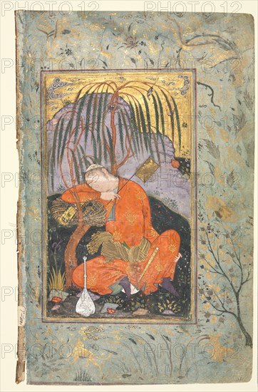 Persian Couplets (recto); Sleeping Youth (verso), late 1500s-early 1600s. Style of Riza-yi Abbasi (Iranian). Ink, gold and opaque watercolor on paper; image: 21 x 12.4 cm (8 1/4 x 4 7/8 in.); overall: 31.6 x 20.4 cm (12 7/16 x 8 1/16 in.); text area: 21 x 12.4 cm (8 1/4 x 4 7/8 in.).