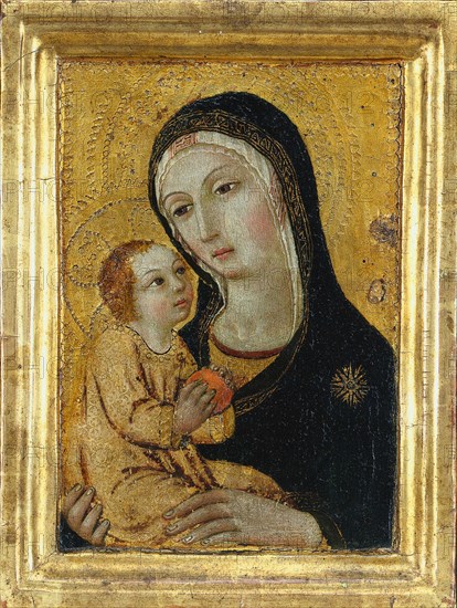 Virgin and Child, 1400s. Possibly by Icilio Federico Joni (Italian, 1866-1946), workshop of Sano di Pietro (Italian, 1406-1481). Tempera and gold on wood; framed: 30.5 x 22.9 x 3.2 cm (12 x 9 x 1 1/4 in.); unframed: 24.2 x 16.6 cm (9 1/2 x 6 9/16 in.)
